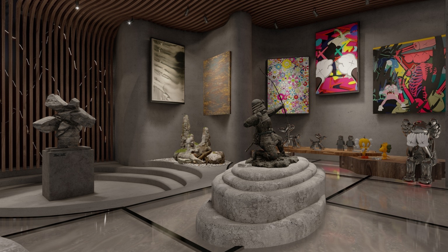 亞大室設系林宇翔同學以「川岳藝術」設計作品，獲英國「倫敦國際創意競獎」優勝，圖為智慧藝術展示空間。