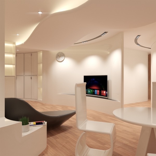 亞大室設系梁允睿同學以「全零宅」設計作品，獲英國「倫敦國際創意競獎」官方入選獎，圖為沒有稜角的客廳空間。